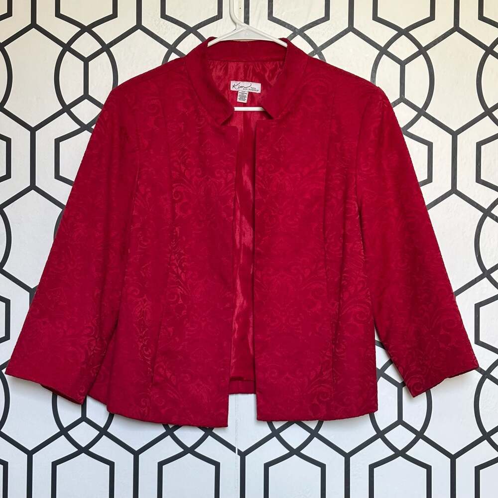 Kim Rogers Petite Red Floral Damask Jacquard Open Front Blazer Jacket 12P
